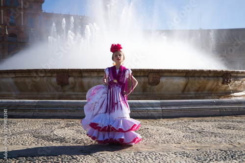 A pretty little girl dancing flamenco dressed in a white dress with pink frills and fringes in a famous square in seville, spain. The girl has a flower in her hair. In the background a big fountain.