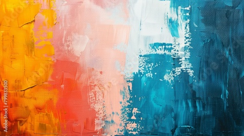 Bright color block abstract painting with white, yellow, orange, pink, blue, and teal. photo