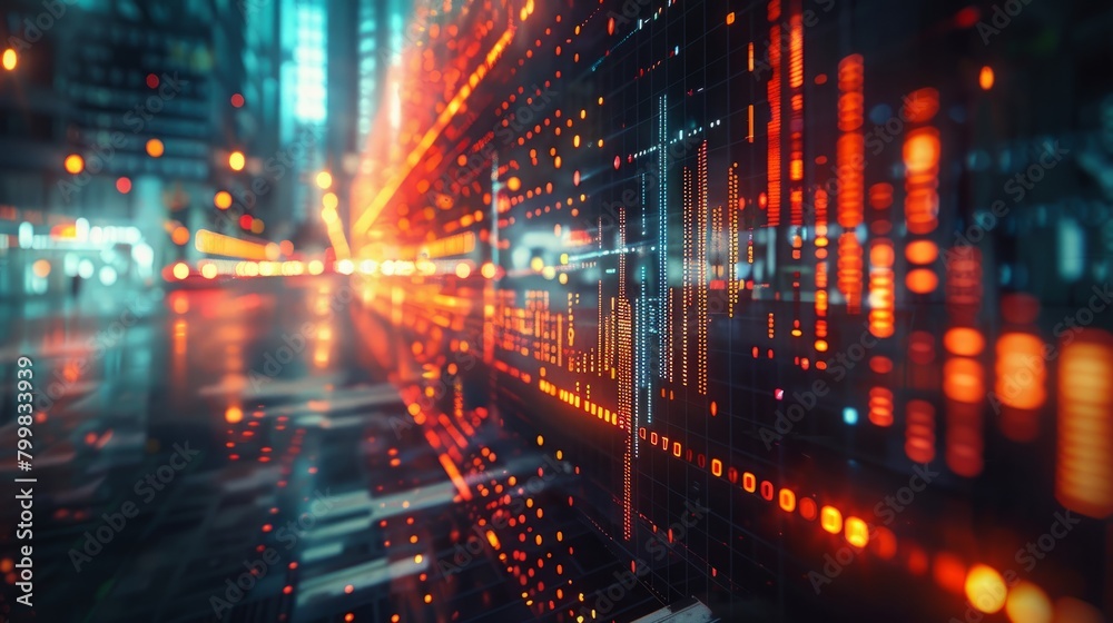 City lights reflecting off a building with a binary code pattern overlay. City lights reflecting off a building with a binary code pattern overlay.