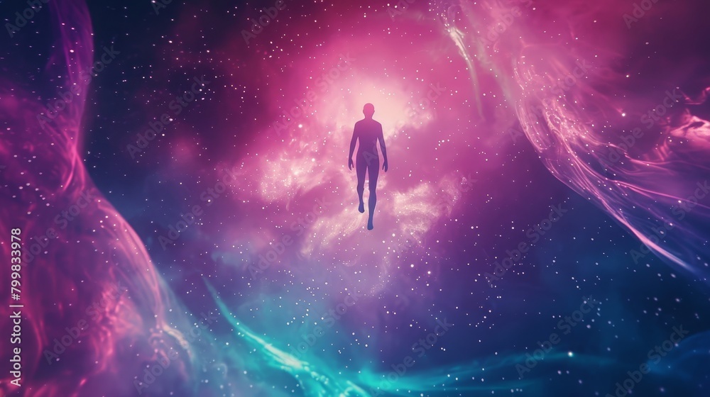 Obraz premium Astral body silhouette against abstract space backdrop embodies esoteric spirituality, Ai Generated