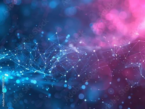 Abstract network background with pink and blue dots and lines on a dark background. Design of cybernetic and virtual space