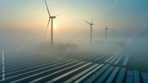 Aerial view of solar energy fields and wind turbines enveloped in fog on a spring morning, showcasing the integration of renewable energy technologies into the natural landscape. 