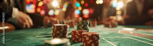 Many poker chips on a green table. Banner