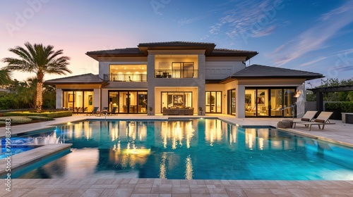New Contemporary Style Luxury Home Exterior at Twilight, swimming pool at home. copy space for text.