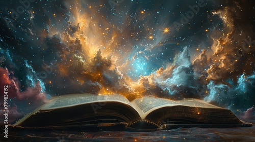 weathered book, a vivid burst of nebulous clouds and twinkling stars escape, painting a scene that blurs the line between the literary world and the heavens.