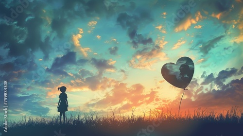 A solitary child gazes at the distant horizon, clutching a heart shaped balloon, Ai Generated photo
