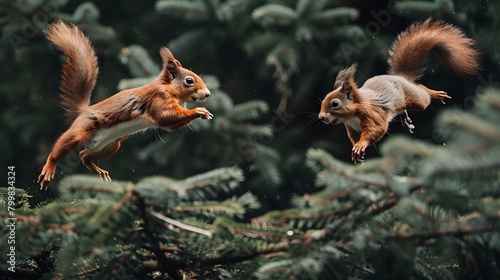 Red squirrels chasing each other around a pine tree, playful 4K wallpaper
