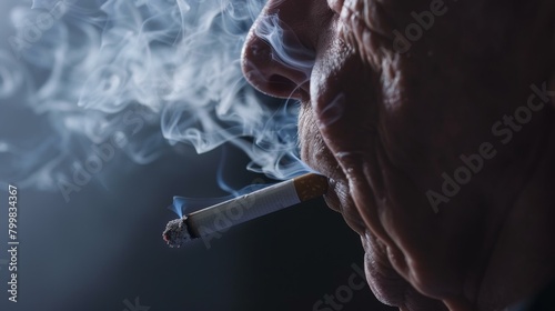 In a close up, an elderly man exhales cigarette smoke, a poignant depiction of nicotine addiction, Ai Generated