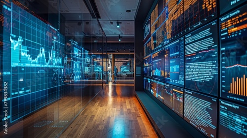 Futuristic stock market trading room with glowing graphs and data.