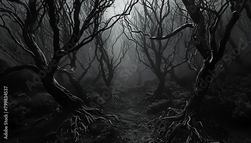 Explore the depths of surrealism and horror with a frontal view of a twisted, shadow-drenched forest Capture the thrill with eerie, skewed camera angles, evoking unease and mystery photo