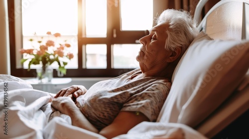 Elderly patient rests in hospital bed, undergoing rehabilitation. Quiet moment in healthcare journey, Ai Generated