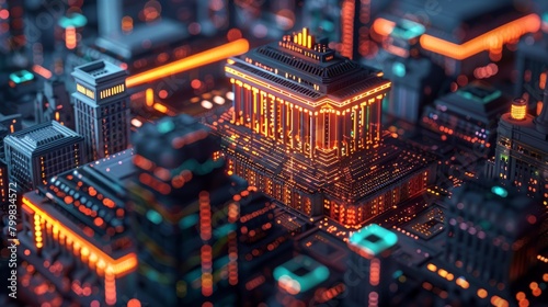isometric city made of cubes with bright neon lights