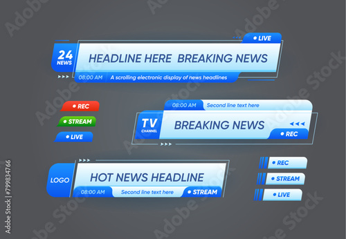 Lower third header banners for breaking news and TV live broadcast bars, vector templates. Lower third header banners with screen headline, channel frames with live stream recording for news
