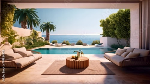 Wallpaper Mural Modern open plan lounge patio close to the pool and ocean in background on one side behind the wall, lounge suite. Torontodigital.ca