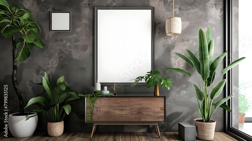 Stylish art space interior with cabinet and decoration, mockup frame, Mock up poster frame on cabinet in interior.3d rendering, Mock up posters in the interior in the style of lagom. Ai generated 