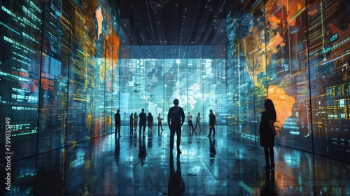 Fototapeta Naklejka Na Ścianę i Meble -  People standing in a room looking at a large screen with a map of the world and data.