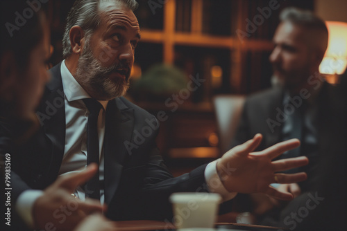 engaging scene portraying a businessman elaborating on a business strategy to a colleague, with the background softly blurred to emphasize the conversation,