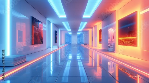 Sci-fi futuristic corridor with blue and orange neon lights