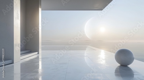 3D rendering of a modern minimalist house with a large terrace overlooking the ocean. The house is made of white concrete and has a simple geometric design.