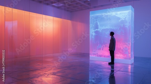 The image is a photo of a person standing in a room with a large glowing cube in the center. The cube is filled with a swirling blue and purple liquid. © Sodapeaw