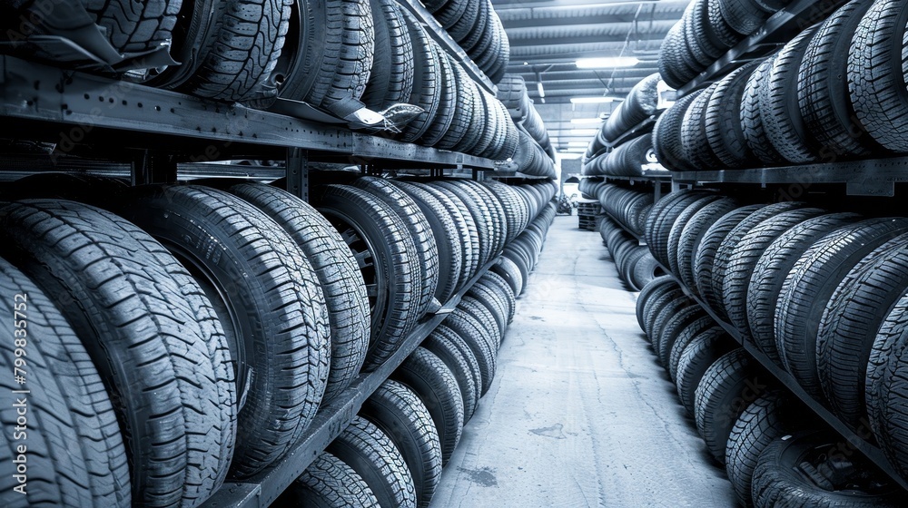Brand new car tires in well-organized warehouse ready for sale and retail distribution