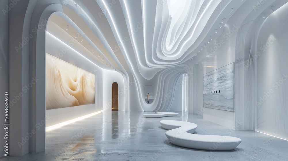 The interior of a modern building with curved walls and a white color scheme The interior of a modern building with curved walls and a white color scheme