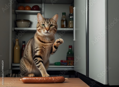 Wallpaper Mural cat steals sausage from the refrigerator
 Torontodigital.ca