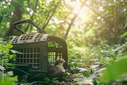 Cat sitting in a cage in the woods photo