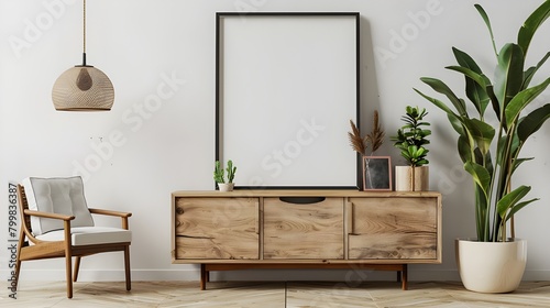 Stylish art space interior with cabinet and decoration, mockup frame, Mock up poster frame on cabinet in interior.3d rendering, Mock up posters in the interior in the style of lagom. Ai generated  photo