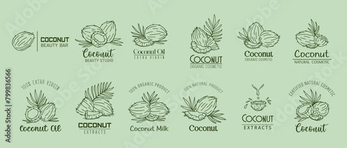 Coconut oil cosmetics icons. Vector emblems in elegant linear style, encapsulating natural beauty and nourishment. Natural, organic, extra virgin tropical coconut oil cosmetic and beautician products