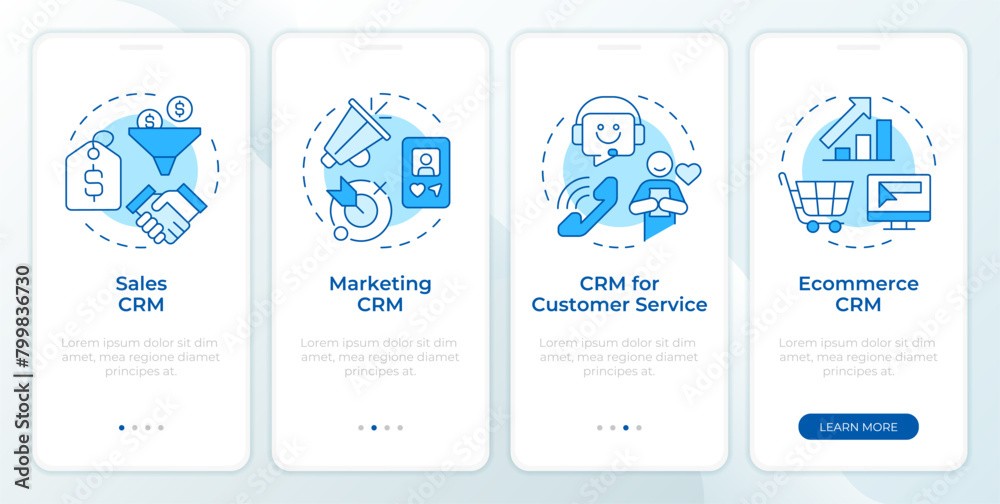CRM system types blue onboarding mobile app screen. Walkthrough 4 steps ...