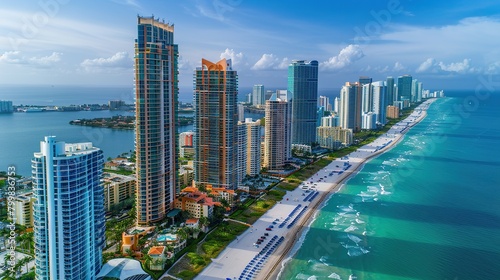View from above of luxurious highrise hotels and condos on Atlantic ocean shore in Sunny Isles Beach city. American tourism infrastructure in southern Florida. copy space for text. photo