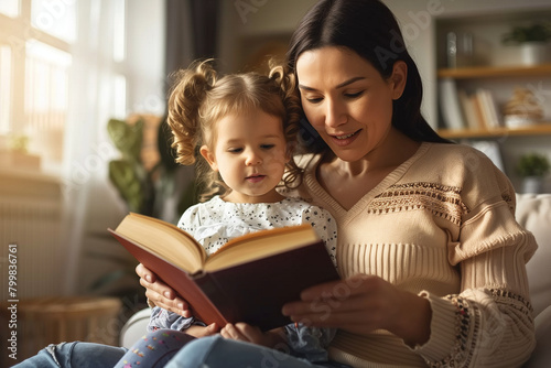 A young mother reading a book to her child in the living room, illuminated by warm, natural light, capturing a heartwarming moment of parent-child bonding and educational interaction. 
