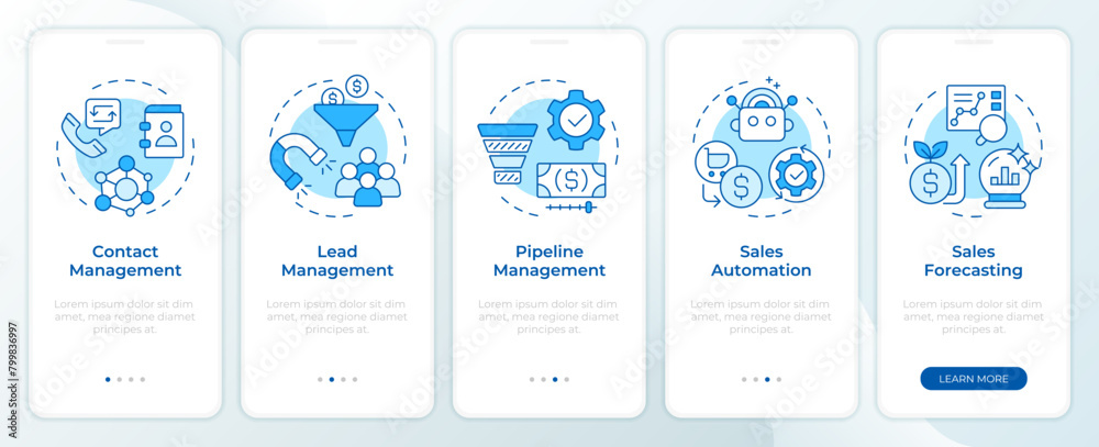CRM features blue onboarding mobile app screen. Walkthrough 5 steps editable graphic instructions with linear concepts. UI, UX, GUI template. Montserrat SemiBold, Regular fonts used