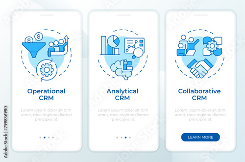 CRM tools blue onboarding mobile app screen. Advanced analytics. Walkthrough 3 steps editable graphic instructions with linear concepts. UI, UX, GUI template. Montserrat SemiBold, Regular fonts used