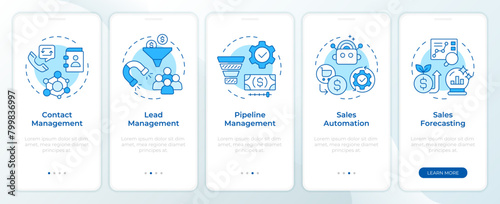 CRM features blue onboarding mobile app screen. Walkthrough 5 steps editable graphic instructions with linear concepts. UI, UX, GUI template. Montserrat SemiBold, Regular fonts used © bsd studio