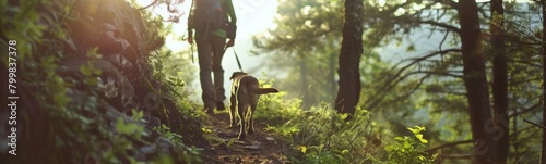 Dog walking down a trail with a man in the background. Banner