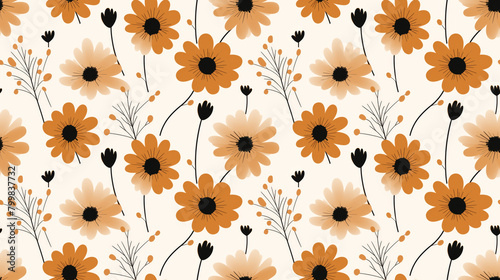 A seamless pattern of orange and yellow flowers with black centers and stems on a cream background.