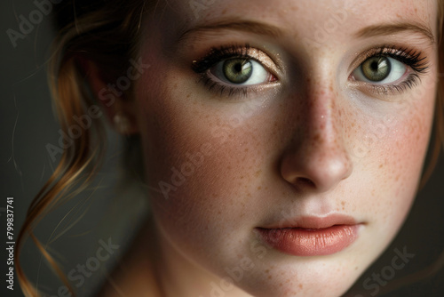 A contemporary close-up portrait of a young woman exuding modern elegance photo