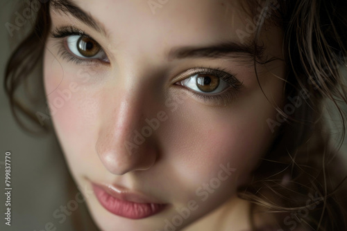 A contemporary close-up portrait of a young woman exuding modern elegance photo