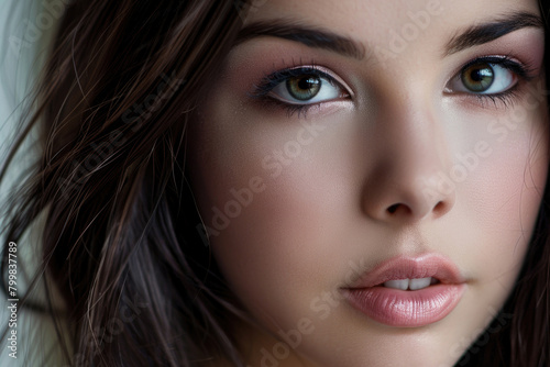 A contemporary close-up portrait of a young woman exuding modern elegance