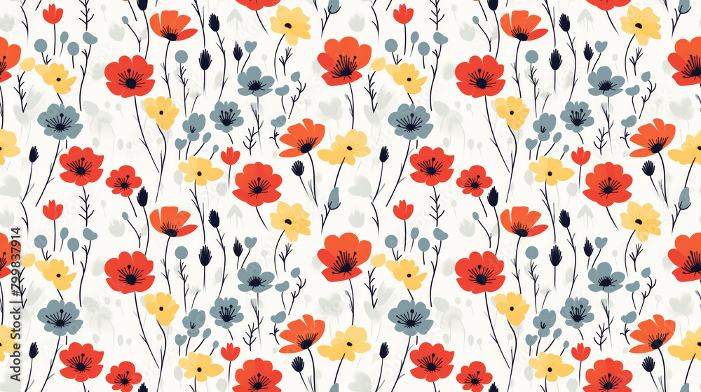 A seamless pattern of red, yellow and blue flowers on a white background. A seamless pattern of red, yellow and blue flowers on a white background.
