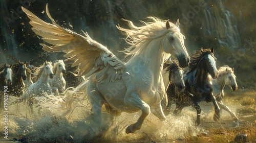 Pegasus (horse with wings) running with other horses