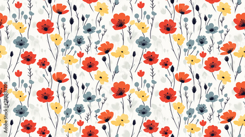 A seamless pattern of red, yellow and blue flowers on a white background.