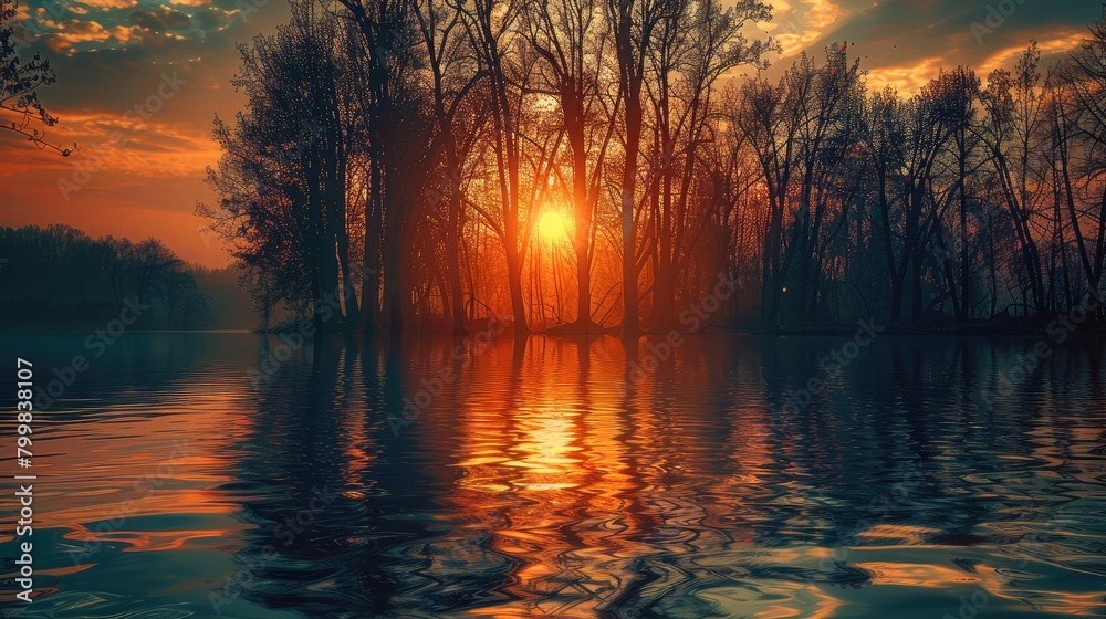 Sunset sun behind beautiful trees, amazing feeling, trees, reflection. Generative AI.