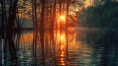 Sunset sun behind beautiful trees, amazing feeling, trees, reflection. Generative AI. © visoot