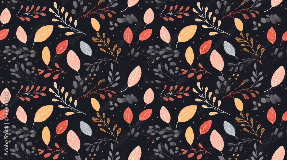 A seamless pattern with hand-drawn leaves and branches in a folk art style. A seamless pattern with hand-drawn leaves and branches in a folk art style.