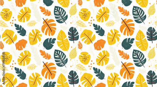 A seamless pattern with hand drawn tropical leaves in yellow, orange and green colors.