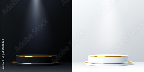 White and black podium stages with golden frames. 3d vector realistic platform or pedestal mockup for cosmetics products displaying. Studio background with circular low stand decorated with gold ring © Buch&Bee
