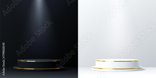 White and black podium stages with golden frames. 3d vector realistic platform or pedestal mockup for cosmetics products displaying. Studio background with circular low stand decorated with gold ring